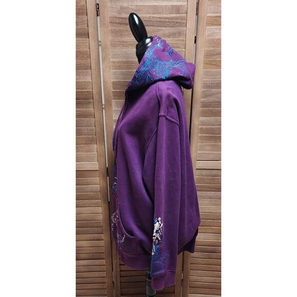 Ruthless Art 2X Beaded, Embroidered Purple Full Zip Floral Skull Hooded Sweater - Picture 5 of 7